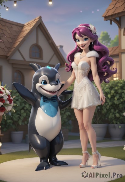 1girl,long hair,breasts,looking at viewer,smile,open mouth,blue eyes,hair ornament,dress,bow,cleavage,bare shoulders,jewelry,medium breasts,standing,full body,purple hair,flower,:d,earrings,small breasts,outdoors,teeth,hair flower,bowtie,necklace,white dress,high heels,see-through,toes,rose,short dress,sandals,white footwear,tiara,plant,toenails,bouquet,toenail polish,pearl necklace,solo,hairband,sky,day,window,strapless,makeup,holding hands,wavy hair,blue bow,happy,grass,white flower,sharp teeth,lipstick,building,strapless dress,lace,eyeshadow,blue bowtie,red lips,potted plant,house,traditional bowtie