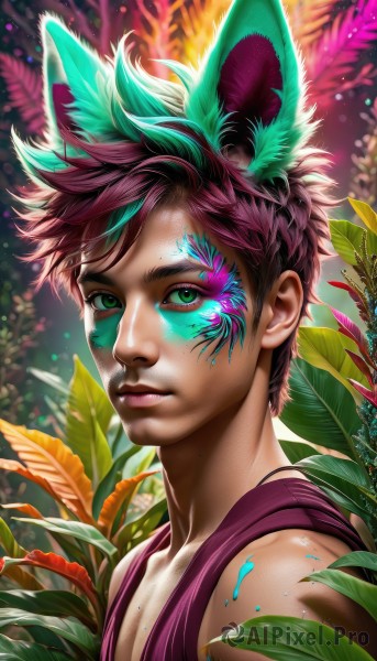 solo,looking at viewer,short hair,bangs,1boy,animal ears,bare shoulders,closed mouth,green eyes,collarbone,upper body,pink hair,purple hair,flower,male focus,multicolored hair,parted lips,sleeveless,artist name,cat ears,signature,blurry,lips,fox ears,eyelashes,makeup,depth of field,blurry background,leaf,watermark,facial mark,thick eyebrows,tank top,plant,spiked hair,portrait,web address,extra ears,eyeshadow,freckles,realistic,nose,facepaint,paint splatter,colorful