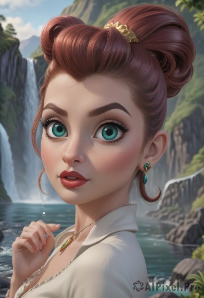 1girl,solo,breasts,looking at viewer,smile,short hair,brown hair,shirt,hair ornament,cleavage,jewelry,green eyes,white shirt,upper body,red hair,earrings,outdoors,parted lips,sky,teeth,day,artist name,hand up,water,necklace,hair bun,blurry,from side,aqua eyes,blue sky,lips,fingernails,wet,eyelashes,makeup,blurry background,single hair bun,lipstick,gem,portrait,forehead,freckles,rock,realistic,nose,red lips,hair pulled back,waterfall,blue eyes,medium breasts,cloud,watermark