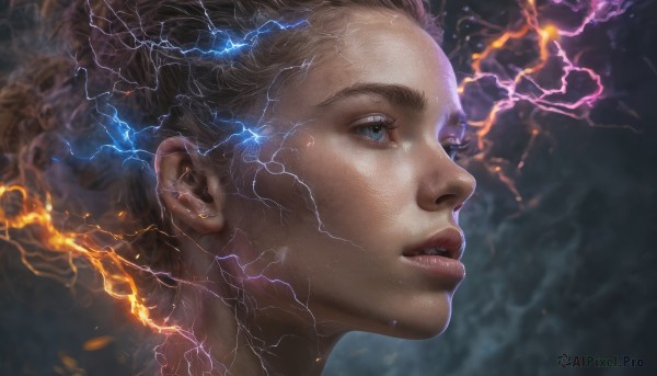 1girl, solo, blue eyes, brown hair, parted lips, lips, eyelashes, fire, portrait, realistic, nose, electricity, lightning