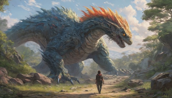 short hair,open mouth,1boy,standing,weapon,outdoors,sky,teeth,day,pants,cloud,bag,from behind,armor,tree,blue sky,orange eyes,bird,backpack,cloudy sky,grass,sharp teeth,nature,scenery,claws,forest,walking,monster,rock,mountain,fantasy,dragon,scales,black hair,red eyes,male focus,size difference