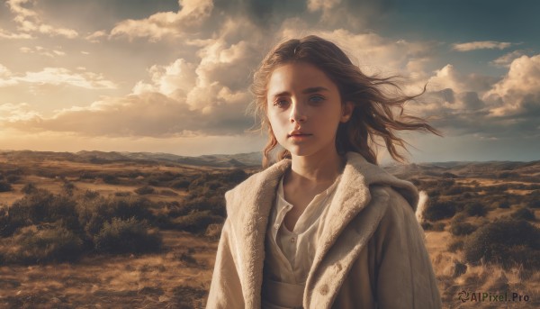 1girl,solo,long hair,blue eyes,brown hair,shirt,jacket,upper body,outdoors,parted lips,sky,day,cloud,lips,coat,blood,looking away,cloudy sky,wind,nature,scenery,mountain,realistic,nose,nosebleed,looking afar,field,landscape,looking at viewer,scarf,heterochromia,sunlight