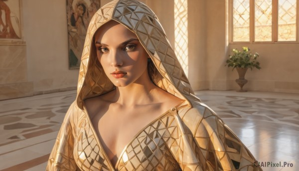 1girl,solo,breasts,looking at viewer,brown hair,cleavage,brown eyes,medium breasts,closed mouth,collarbone,upper body,indoors,dark skin,hood,dark-skinned female,lips,window,makeup,shadow,sunlight,plant,veil,hood up,robe,realistic,nose,red lips,potted plant,long hair,flower,lipstick,breasts apart,facepaint,vase