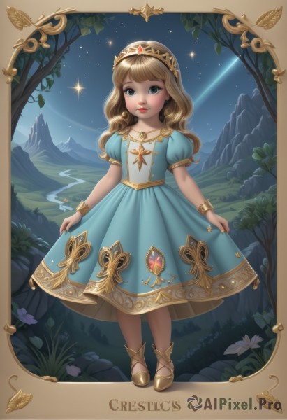 1girl,solo,long hair,looking at viewer,smile,bangs,blue eyes,blonde hair,brown hair,dress,jewelry,closed mouth,standing,full body,flower,short sleeves,earrings,outdoors,sky,shoes,puffy sleeves,artist name,necklace,flat chest,bracelet,tree,puffy short sleeves,lips,makeup,night,blue dress,leaf,border,grass,tiara,crown,lipstick,child,star (sky),nature,night sky,smoke,starry sky,cigarette,mountain,skirt hold,smoking,female child,shooting star,sparkle,watermark