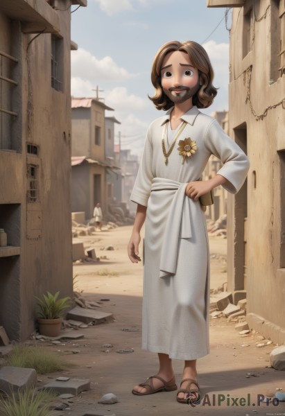 1girl,solo,looking at viewer,smile,short hair,brown hair,long sleeves,1boy,dress,brown eyes,jewelry,standing,full body,flower,outdoors,sky,solo focus,day,medium hair,necklace,bag,white dress,facial hair,sandals,plant,building,child,beard,rock,city,realistic,female child,potted plant,male child,ruins,power lines,dirty,utility pole,flip-flops,debris,dirty clothes,open mouth,collarbone,teeth,artist name,hand on hip,parted bangs,sash,toes,grass,robe,sunflower,collared dress,road,house,white robe,flower pot,parted hair,alley