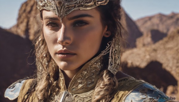 1girl,solo,long hair,looking at viewer,simple background,brown hair,brown eyes,closed mouth,braid,armor,blurry,lips,depth of field,blurry background,helmet,crown,shoulder armor,portrait,pauldrons,realistic,nose,black hair,outdoors,sky,day,twin braids,blue sky,close-up,freckles,desert