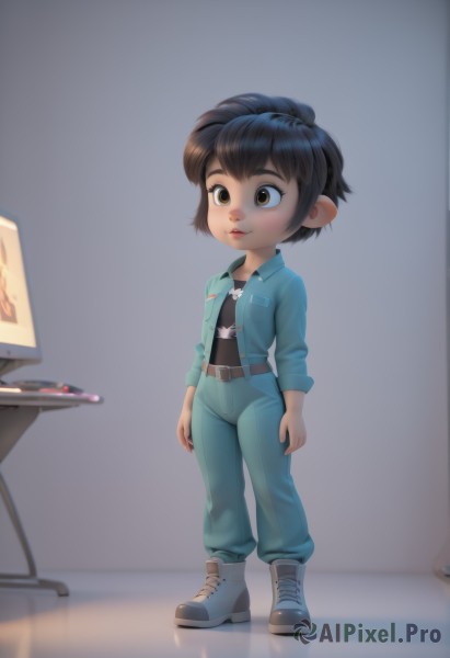 1girl,solo,smile,short hair,brown hair,shirt,black hair,brown eyes,standing,full body,boots,belt,pants,indoors,lips,child,brown belt,computer,television,jumpsuit,tomboy,blush,long sleeves,jacket,open clothes,shoes,open jacket,black shirt,denim,sneakers,blue footwear,jeans,blue pants,monitor