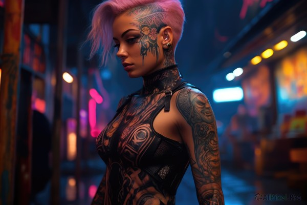 1girl,solo,breasts,short hair,bare shoulders,jewelry,medium breasts,closed mouth,upper body,pink hair,earrings,outdoors,dark skin,blurry,dark-skinned female,lips,tattoo,makeup,night,blurry background,piercing,ear piercing,asymmetrical hair,city,nose,arm tattoo,undercut,facial tattoo,cyberpunk,neck tattoo,neon lights,small breasts,from side,very short hair