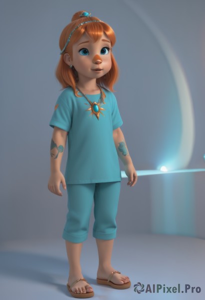 1girl,solo,long hair,smile,blue eyes,brown hair,shirt,jewelry,standing,full body,short sleeves,earrings,pants,necklace,orange hair,tattoo,toes,sandals,tiara,aged down,blue shirt,gem,child,blue pants,female child,red hair,hairband,lips,t-shirt,freckles,capri pants,flip-flops