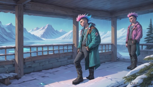 smile,short hair,shirt,black hair,long sleeves,jewelry,closed mouth,blue hair,standing,jacket,full body,pink hair,male focus,multicolored hair,earrings,boots,outdoors,multiple boys,open clothes,sky,day,belt,pants,hood,2boys,necklace,black footwear,looking at another,two-tone hair,open jacket,tree,coat,fur trim,black pants,piercing,knee boots,spiked hair,ear piercing,snow,green jacket,mountain,hands in pockets,undercut,mohawk,alternate costume,from side,tattoo,facial hair,hood down,scenery,grey shirt,pink shirt,black belt,hand in pocket,open coat,grey jacket,purple shirt,fur-trimmed jacket,pink jacket,purple jacket,brown pants