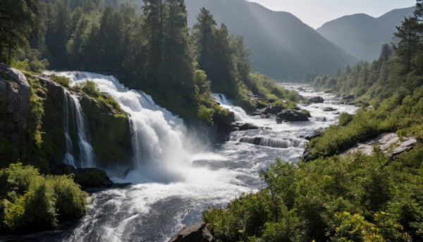 A serene day featuring a waterfall