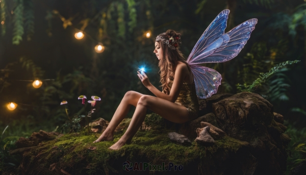 1girl,solo,long hair,blonde hair,brown hair,hair ornament,dress,bare shoulders,sitting,closed eyes,flower,outdoors,wings,barefoot,hair flower,blurry,tree,legs,bare legs,drill hair,grass,plant,nature,forest,minigirl,rock,realistic,fantasy,fairy wings,fairy,moss,scenery,curly hair