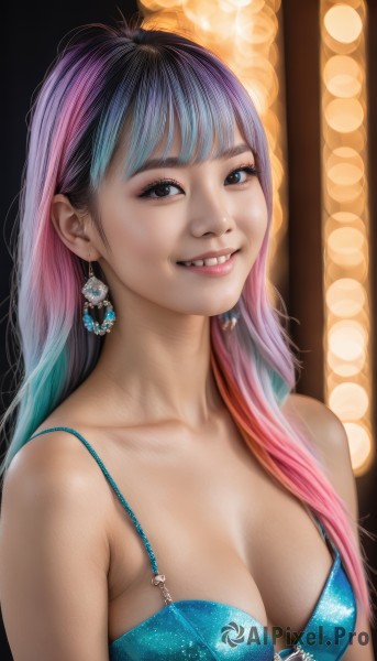 1girl,solo,long hair,breasts,looking at viewer,smile,bangs,cleavage,bare shoulders,brown eyes,jewelry,medium breasts,underwear,blue hair,collarbone,swimsuit,upper body,pink hair,bikini,multicolored hair,earrings,parted lips,teeth,artist name,signature,bra,grin,blurry,black eyes,two-tone hair,lips,eyelashes,gradient hair,makeup,blurry background,watermark,web address,eyeshadow,realistic,nose,black hair,blunt bangs,fangs,gem