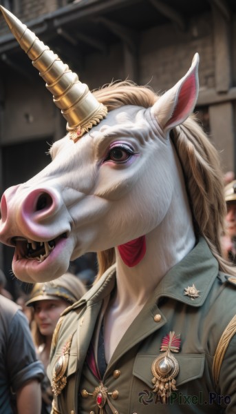 1girl,long hair,open mouth,blonde hair,jewelry,jacket,upper body,outdoors,horns,teeth,solo focus,day,tongue,tongue out,blurry,uniform,lips,military,military uniform,makeup,depth of field,blurry background,animal,gem,single horn,epaulettes,realistic,red lips,badge,horse,medal,unicorn,shirt,hat,brown eyes,multiple boys,signature,looking at another,buttons,helmet,cross,1other,aiguillette,soldier