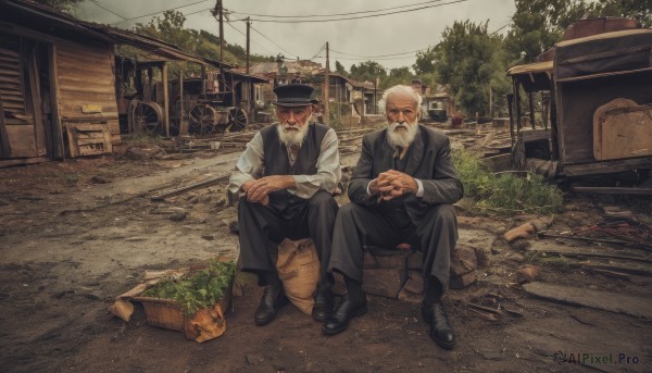 shirt,long sleeves,hat,sitting,jacket,white shirt,white hair,grey hair,male focus,outdoors,multiple boys,necktie,sky,shoes,day,collared shirt,pants,2boys,bag,black footwear,vest,tree,facial hair,black pants,formal,suit,plant,building,box,black necktie,beard,cigarette,mustache,manly,house,old,power lines,old man,cardboard box,utility pole,suitcase,briefcase,crate,scar,ring,own hands together,ground vehicle,realistic,smoking,bald,black suit,wood