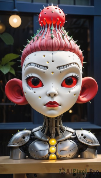 1girl,solo,looking at viewer,short hair,red eyes,closed mouth,upper body,pink hair,red hair,artist name,armor,blurry,lips,eyelashes,makeup,blurry background,plant,robot,lipstick,portrait,spikes,eyeshadow,colored sclera,science fiction,android,red lips,straight-on,cyborg,robot joints,alien,red sclera,cyberpunk,ladybug,leaf,black sclera,joints,humanoid robot