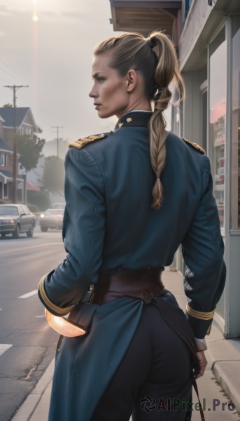 1girl,solo,long hair,blonde hair,brown hair,gloves,long sleeves,standing,ponytail,ass,braid,cowboy shot,outdoors,sky,day,belt,looking back,pants,artist name,signature,fingerless gloves,from behind,uniform,lips,coat,looking to the side,military,single braid,military uniform,looking away,black pants,ground vehicle,building,motor vehicle,brown gloves,epaulettes,braided ponytail,city,realistic,nose,car,road,police,lamppost,street,blue coat,leather gloves,blue eyes,holding,closed mouth,jacket,weapon,tree,profile,blue jacket,house,power lines,utility pole