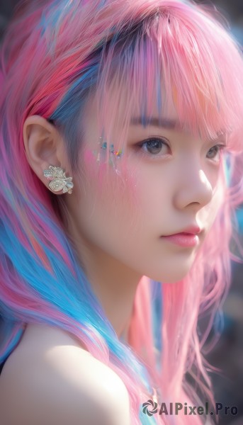 1girl,solo,long hair,looking at viewer,blush,bangs,blue eyes,bare shoulders,jewelry,closed mouth,blue hair,pink hair,multicolored hair,earrings,blurry,black eyes,lips,blurry background,portrait,close-up,realistic,nose,tears,blunt bangs,necklace,from side,two-tone hair,eyelashes,makeup,watermark