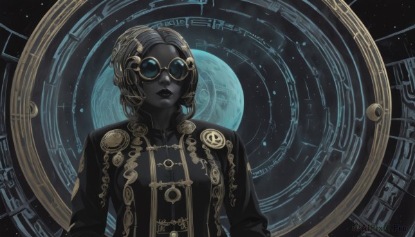 1girl,solo,looking at viewer,short hair,black hair,upper body,grey hair,glasses,dark skin,dark-skinned female,lips,black jacket,makeup,colored skin,moon,lipstick,goggles,star (sky),round eyewear,clock,space,grey skin,very dark skin,black skin,roman numeral,black lips,breasts,blue eyes,hair ornament,closed mouth,jacket,sunglasses,facing viewer