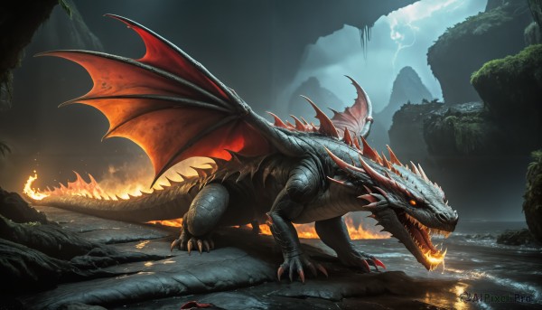 A stunning portrayal of a monster in a breathtaking fiery outdoors