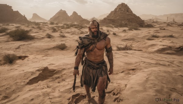 solo,looking at viewer,short hair,1boy,navel,holding,jewelry,nipples,standing,weapon,white hair,male focus,outdoors,dark skin,stomach,holding weapon,armor,bracelet,muscular,feet out of frame,facial hair,scar,bandages,abs,dark-skinned male,pectorals,muscular male,shoulder armor,bara,beard,scar on face,large pectorals,walking,pauldrons,topless male,mountain,mature male,bandaged arm,mustache,sand,bare pectorals,holding axe,desert,torn clothes,tattoo,helmet,scenery,realistic,fantasy,brown theme