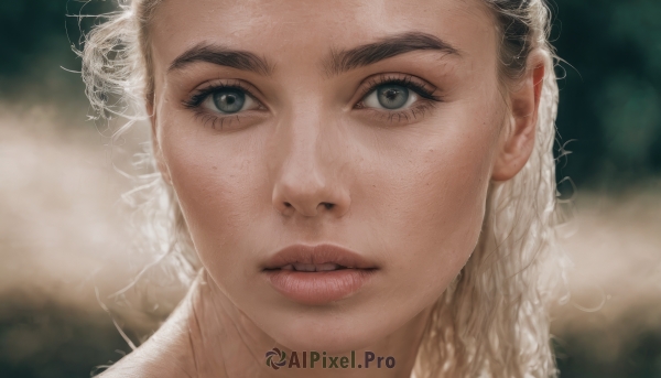 1girl,solo,long hair,looking at viewer,parted lips,teeth,signature,blurry,lips,grey eyes,eyelashes,depth of field,blurry background,portrait,close-up,freckles,curly hair,realistic,nose