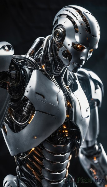 solo,1boy,upper body,male focus,blurry,orange eyes,no humans,glowing,robot,mecha,1other,machinery,science fiction,realistic,android,joints,cable,cyborg,damaged,robot joints,mechanical parts,humanoid robot,shiny,from side,looking down,black background