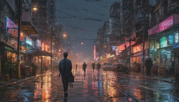 1girl,short hair,black hair,1boy,holding,standing,jacket,male focus,outdoors,multiple boys,sky,solo focus,pants,water,bag,from behind,coat,night,umbrella,plant,ground vehicle,building,scenery,motor vehicle,reflection,walking,rain,city,sign,facing away,car,road,cityscape,dark,power lines,lamppost,street,utility pole,crowd,puddle,city lights,neon lights,people,multiple girls,cloud,tree,cloudy sky,6+boys,water drop,holding umbrella,silhouette,potted plant,wide shot,shop,traffic light,pavement,crosswalk,vanishing point