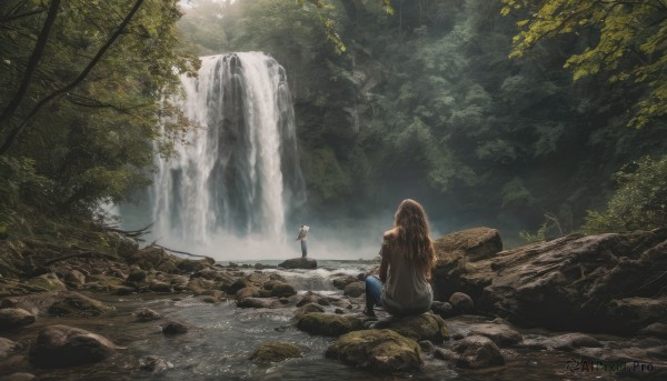 1girl, long hair, multiple girls, brown hair, 2girls, sitting, outdoors, water, from behind, tree, nature, scenery, forest, rock, waterfall