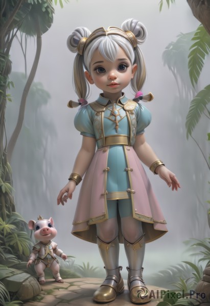 1girl,solo,looking at viewer,blue eyes,hair ornament,dress,twintails,jewelry,standing,full body,white hair,short sleeves,hairband,boots,outdoors,parted lips,puffy sleeves,hair bun,armor,black eyes,bracelet,tree,puffy short sleeves,lips,double bun,blue dress,child,nature,forest,female child,crown