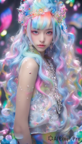 1girl,solo,long hair,looking at viewer,bangs,blue eyes,hair ornament,dress,bare shoulders,jewelry,closed mouth,blue hair,upper body,pink hair,multicolored hair,earrings,sleeveless,pointy ears,artist name,blunt bangs,necklace,blurry,from side,two-tone hair,lips,grey eyes,eyelashes,aqua hair,gradient hair,makeup,depth of field,blurry background,wavy hair,lipstick,gem,eyeshadow,crystal,pink lips,realistic,nose,red lips,colorful,mascara,pearl (gemstone),breasts,very long hair,flower,signature,hair flower,streaked hair,petals,sparkle,sleeveless dress,watermark,expressionless,tiara,web address,light particles,multicolored clothes,beads,glint,arms at sides,eyeliner,confetti,bokeh,blue gemstone,hair beads,head chain,pink eyeshadow