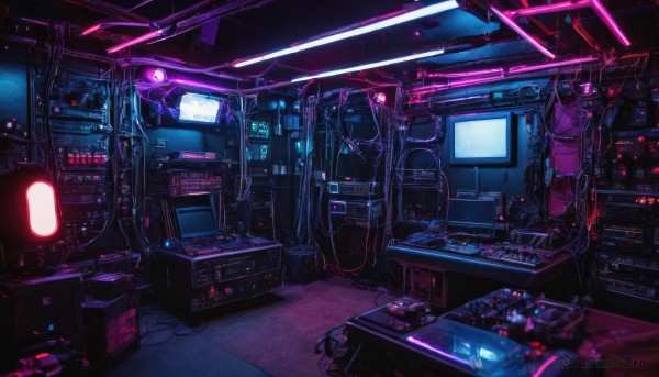 indoors,no humans,glowing,scenery,science fiction,cable,dark,computer,monitor,wire,neon lights,table,controller,television,game controller,game console,keyboard (computer),screen,joystick