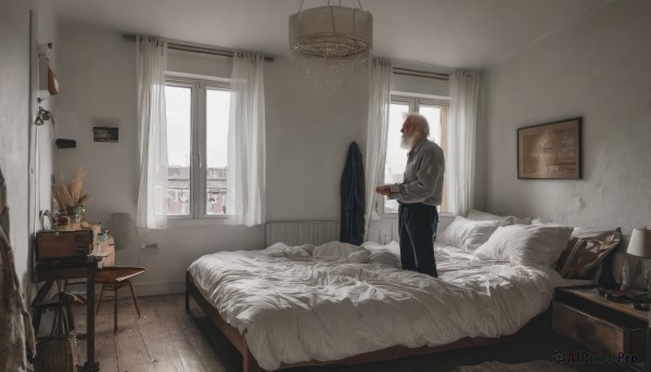 1girl,solo,short hair,blonde hair,brown hair,shirt,long sleeves,1boy,holding,standing,male focus,day,pants,indoors,sweater,cup,pillow,book,window,bed,on bed,chair,black pants,table,plant,curtains,box,scenery,desk,wooden floor,potted plant,lamp,bedroom,wide shot,stool,picture frame,painting (object),carpet,drawer,rug,cabinet,bottle,blanket