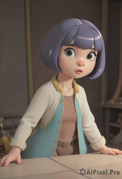 1girl,solo,looking at viewer,short hair,bangs,shirt,black hair,hair ornament,long sleeves,brown eyes,closed mouth,blue hair,standing,collarbone,jacket,parted lips,open clothes,shiny,belt,pants,artist name,indoors,blunt bangs,nail polish,blurry,open jacket,lips,fingernails,makeup,buttons,depth of field,blurry background,bob cut,bottle,lipstick,blue jacket,child,red nails,freckles,red lips,female child,brown belt,brown shirt,letterman jacket