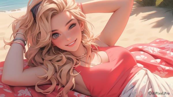 1girl,solo,long hair,breasts,looking at viewer,blush,smile,blue eyes,blonde hair,large breasts,dress,cleavage,bare shoulders,jewelry,medium breasts,upper body,ponytail,earrings,outdoors,lying,parted lips,teeth,sleeveless,day,on back,armpits,water,necklace,grin,arms up,bracelet,lips,grey eyes,makeup,ocean,wavy hair,beach,floral print,sunlight,tank top,arms behind head,hoop earrings,sand,shade,bow,swimsuit,hair bow,red dress,thick eyebrows