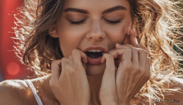 1girl,solo,long hair,open mouth,brown hair,hat,closed eyes,teeth,solo focus,tongue,tongue out,blurry,lips,eyelashes,blurry background,portrait,facing viewer,close-up,realistic,nose,straw hat,finger in another's mouth,mouth pull,lying