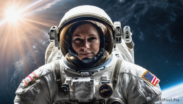 solo,looking at viewer,smile,brown hair,1boy,upper body,male focus,sky,facial hair,moon,helmet,star (sky),lens flare,reflection,science fiction,realistic,sun,space,planet,earth (planet),american flag,spacecraft,spacesuit,japanese flag,astronaut,1girl,lips,sunlight,portrait,dirty,dirty face,space helmet,united states