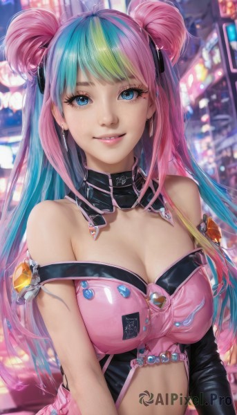 1girl,solo,long hair,breasts,looking at viewer,smile,bangs,blue eyes,large breasts,gloves,navel,cleavage,bare shoulders,jewelry,medium breasts,blue hair,upper body,pink hair,multicolored hair,earrings,parted lips,green hair,teeth,black gloves,elbow gloves,midriff,hair bun,mole,blurry,two-tone hair,lips,streaked hair,clothing cutout,eyelashes,mole under eye,double bun,aqua hair,makeup,detached collar,blurry background,strap slip,realistic,navel cutout,artist name,crop top,gradient hair,nose,cyberpunk