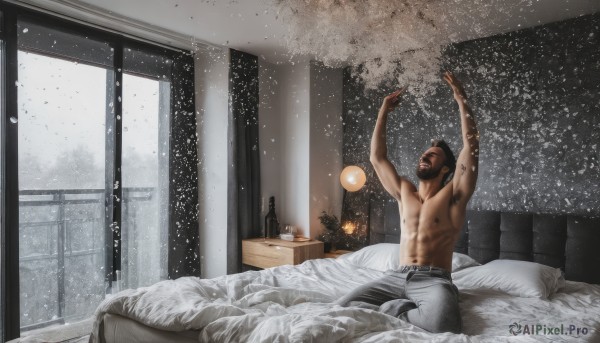 solo,short hair,black hair,1boy,navel,nipples,male focus,belt,pants,indoors,armpits,arms up,tree,cup,pillow,window,bed,tattoo,muscular,facial hair,on bed,abs,bottle,pectorals,denim,muscular male,bara,beard,snow,topless male,jeans,snowing,realistic,lamp,manly,grey pants,bedroom,winter,open mouth,sitting,artist name,bed sheet,watermark,mustache,chest hair