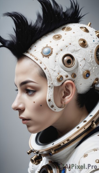 1girl,solo,short hair,blue eyes,simple background,black hair,jewelry,earrings,parted lips,grey background,mole,black eyes,from side,lips,eyelashes,mole under eye,profile,looking away,portrait,freckles,science fiction,realistic,nose,spacesuit,gradient,gradient background,piercing,gem,headdress,looking afar,mole on cheek