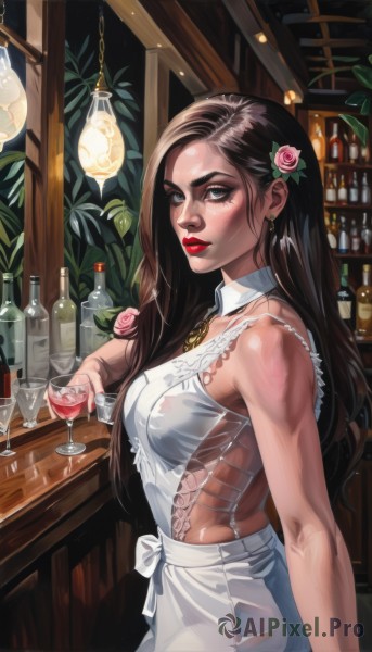 1girl,solo,long hair,breasts,looking at viewer,blue eyes,brown hair,black hair,hair ornament,dress,bow,holding,bare shoulders,jewelry,medium breasts,underwear,standing,flower,cowboy shot,earrings,frills,parted lips,sleeveless,indoors,hair flower,necklace,white dress,apron,collar,covered nipples,from side,cup,lips,see-through,bare arms,eyelashes,sideboob,makeup,detached collar,rose,watermark,piercing,thick eyebrows,bottle,plant,lipstick,waist apron,lace trim,white apron,holding cup,lace,pink flower,alcohol,eyeshadow,drinking glass,backless outfit,realistic,nose,red lips,glass,stud earrings,eyeliner,wine glass,backless dress,pink rose,wine,wine bottle,mascara,bar (place),side cutout,sideless outfit,counter,cocktail glass,champagne,brown eyes,nipples,leaf,hair behind ear