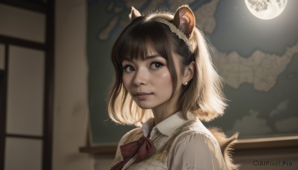 1girl,solo,looking at viewer,short hair,bangs,brown hair,shirt,bow,animal ears,brown eyes,jewelry,closed mouth,tail,white shirt,upper body,multicolored hair,hairband,earrings,sky,collared shirt,indoors,bowtie,medium hair,blurry,vest,red bow,from side,two-tone hair,lips,looking to the side,window,night,fake animal ears,moon,wing collar,red bowtie,night sky,extra ears,full moon,freckles,sweater vest,realistic,nose,stud earrings,ribbon,school uniform,artist name,cloud,blurry background,portrait