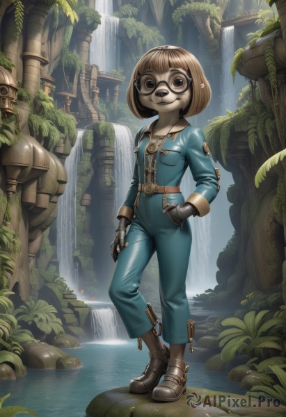 1girl,solo,breasts,looking at viewer,smile,short hair,bangs,brown hair,gloves,long sleeves,brown eyes,closed mouth,standing,full body,boots,outdoors,glasses,belt,pants,artist name,signature,blunt bangs,fingerless gloves,water,black eyes,tree,brown footwear,bob cut,plant,robot,buckle,zipper,black-framed eyewear,pocket,hand in pocket,rock,belt buckle,round eyewear,brown belt,zipper pull tab,leather,jumpsuit,waterfall,moss,overgrown,jewelry,jacket,small breasts,teeth,necklace,black footwear,armor,hand on hip,leaf,watermark,furry,fantasy,furry female,blue pants,unzipped