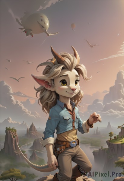 1girl,solo,long hair,smile,brown hair,shirt,1boy,animal ears,brown eyes,jewelry,closed mouth,standing,jacket,tail,yellow eyes,male focus,boots,outdoors,horns,sky,pointy ears,collared shirt,belt,pants,artist name,cloud,signature,bracelet,tree,bird,animal,watermark,brown footwear,thick eyebrows,grass,claws,furry,sleeves rolled up,pocket,sunset,rock,mountain,furry female,sun,brown belt,breast pocket,furry male,brown pants,snout,cliff,blush,blonde hair,grey hair,open clothes,necktie,medium hair,water,cloudy sky,blue shirt,blue jacket,scenery,cropped jacket,antlers,waterfall,landscape