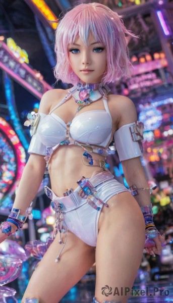 1girl,solo,breasts,looking at viewer,smile,short hair,blue eyes,gloves,navel,cleavage,bare shoulders,jewelry,medium breasts,standing,swimsuit,pink hair,midriff,fingerless gloves,blurry,bracelet,lips,blurry background,contrapposto,realistic,bikini armor,bangs,closed mouth,bikini,thighs,cowboy shot,outdoors,shorts,artist name,signature,bra,watermark,light smile,armband,web address,white bra,deviantart username,neon lights