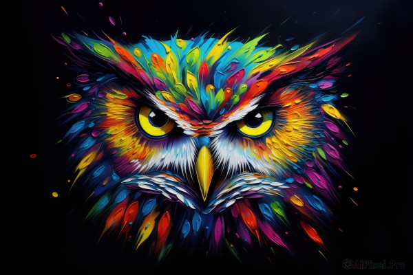 solo,looking at viewer,simple background,yellow eyes,no humans,bird,animal,feathers,black background,colored sclera,multicolored eyes,animal focus,yellow sclera,colorful,beak,eye focus,closed mouth,black eyes,pokemon (creature),watermark,straight-on,abstract