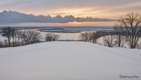 outdoors,sky,cloud,water,tree,no humans,cloudy sky,nature,scenery,snow,forest,reflection,sunset,mountain,horizon,winter,bare tree,landscape,mountainous horizon,lake,gradient sky,orange sky,yellow sky,ocean,shore