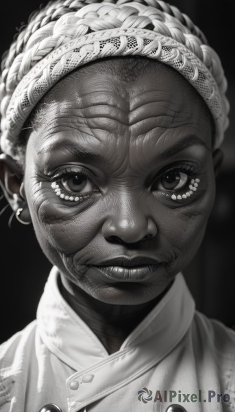 1girl,solo,looking at viewer,smile,simple background,jewelry,monochrome,braid,greyscale,hairband,earrings,parted lips,teeth,dark skin,dark-skinned female,lips,eyelashes,buttons,black background,portrait,realistic,old,horror (theme),old woman,wrinkled skin,closed mouth,hair bun,single hair bun