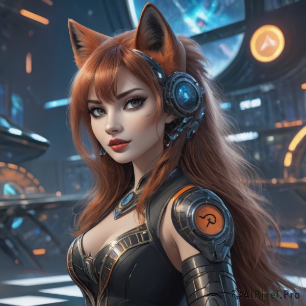 1girl,solo,long hair,breasts,looking at viewer,bangs,brown hair,animal ears,cleavage,brown eyes,medium breasts,upper body,parted lips,artist name,cat ears,blurry,black eyes,lips,grey eyes,eyelashes,makeup,blurry background,headphones,lipstick,headset,science fiction,red lips,mechanical arms,single mechanical arm,cyberpunk,jewelry,earrings,fox ears,fake animal ears,realistic,animal ear headphones,cat ear headphones