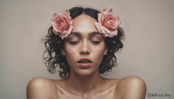 1girl,solo,short hair,simple background,black hair,hair ornament,bare shoulders,collarbone,closed eyes,upper body,flower,nude,sweat,parted lips,hair flower,dark skin,grey background,black eyes,lips,rose,portrait,pink flower,freckles,curly hair,realistic,pink rose,brown eyes,close-up